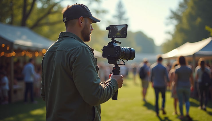 Vue à hauteur d'œil d'un vidéaste en extérieur filmant un événement local avec un stabilisateur