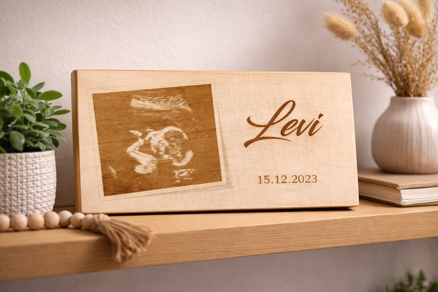 Ultraschallbild mit Name & Geburtsdatum - tolle Lasergravur auf Holz