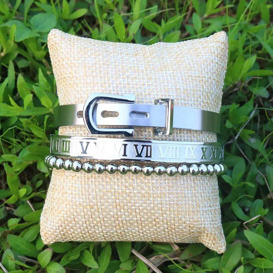 Thumbnail: 3pcs/Set Hot Men Titanium Steel Roman Numeral Bracelet Horseshoe Buckle Bangles