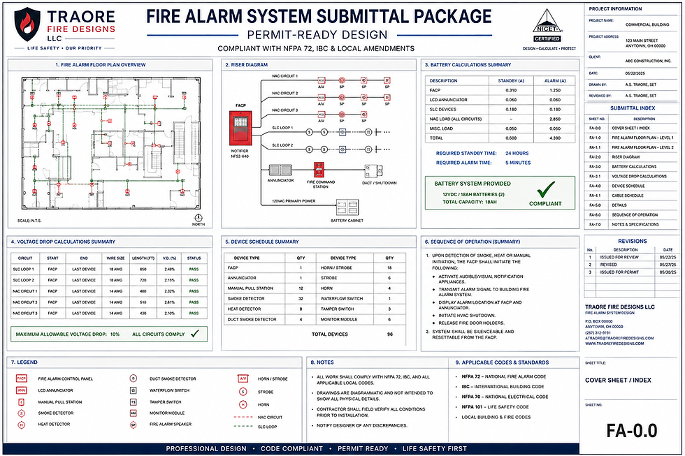 Full Fire Alarm System Submittal Package sheets and diagrams