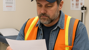 A professional driver checking paperwork before a CDL physical exam at Harmony Health Clinic in Naples, FL