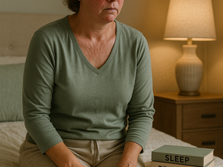 Woman struggling with menopause and feeling fatigue, hot-flash, and poor sleep. She is in need of BHRT from harmony health clinic.