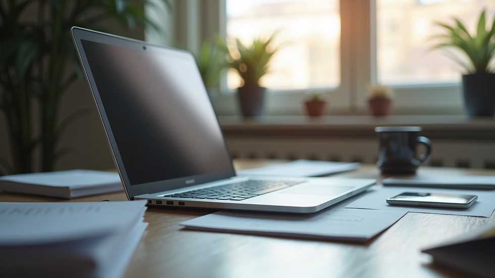 Vue rapprochée d’un bureau avec un ordinateur portable et des documents d’externalisation