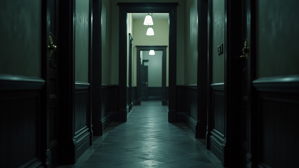 Eye-level view of a dark, mysterious mansion interior