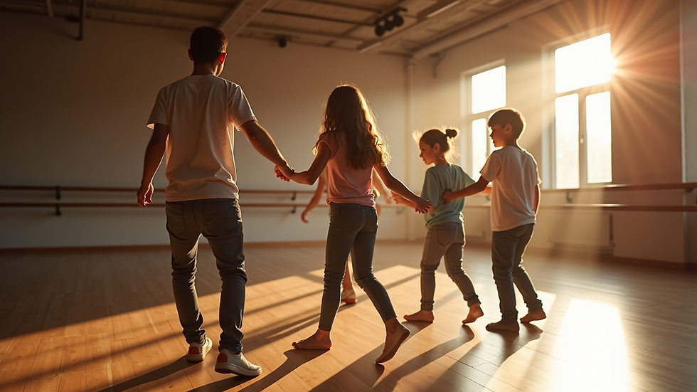 Eye-level view of a family dancing together in a dance studio