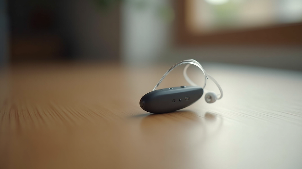 Close-up view of a sleek modern hearing aid resting on a wooden surface