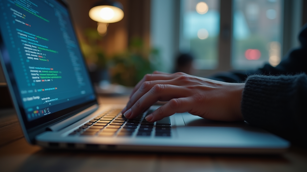 Close-up view of a developer coding on a laptop