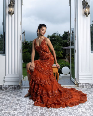 A Timeless Elegance: The Rust Mixed Resham Embroidered Couture Lehenga by Adviraa