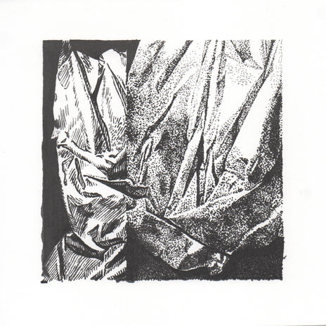 Split image of draped fabric, cross-hatched and stippled.