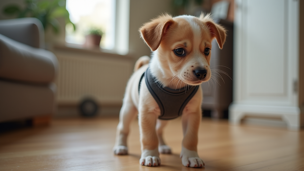 Eye-level view of a puppy wearing a harness indoors