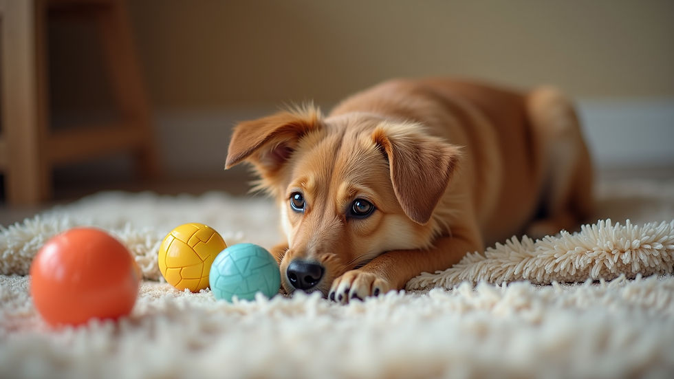 Close-up view of a cozy dog play area with toys and soft bedding