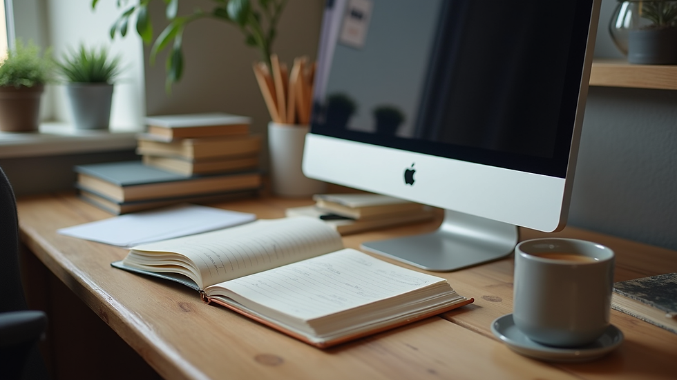 Vue en plongée d’un bureau avec un ordinateur, un cahier et des livres sur la numérologie