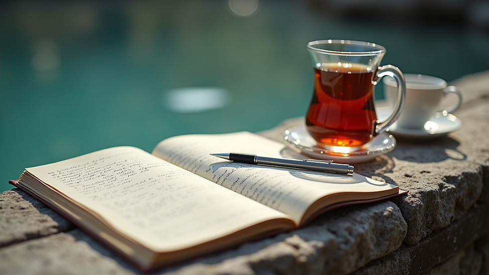 Vue en plongée d’un carnet avec des notes manuscrites et une tasse de thé à côté
