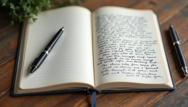 Vue en plongée d’un carnet ouvert avec des notes manuscrites et un stylo posé dessus