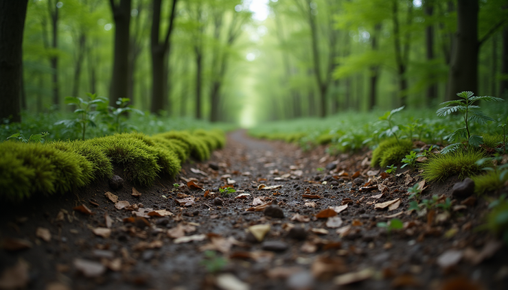 Vue rapprochée d’un chemin forestier sinueux avec des racines apparentes