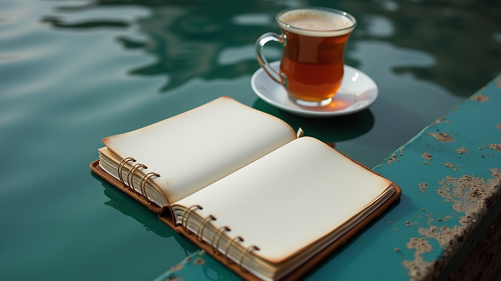 Vue en plongée d’un carnet avec des notes manuscrites et une tasse de thé à côté