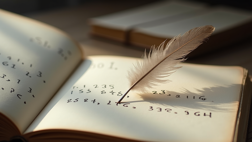 Vue rapprochée d’un carnet ouvert avec des chiffres manuscrits et une plume posée dessus