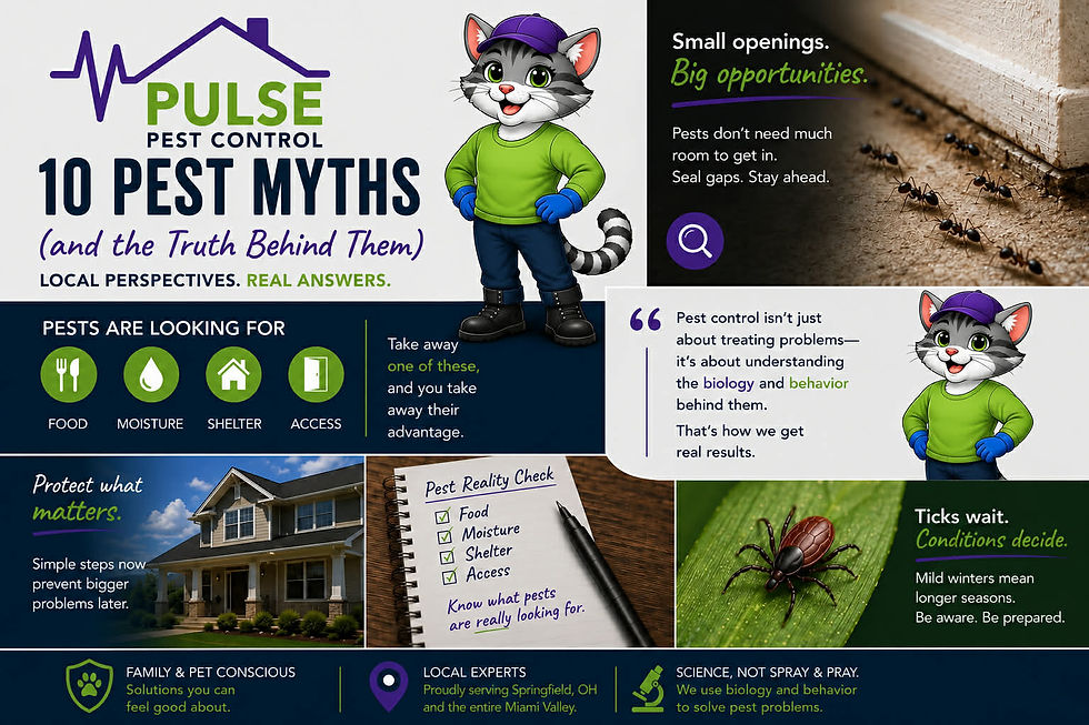 Educational Pulse Pest Control graphic showing Piper the mascot alongside tips about pest behavior, including food, moisture, shelter, and access, with Springfield and Miami Valley references.