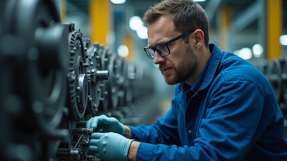 Close-up view of technician inspecting machinery components