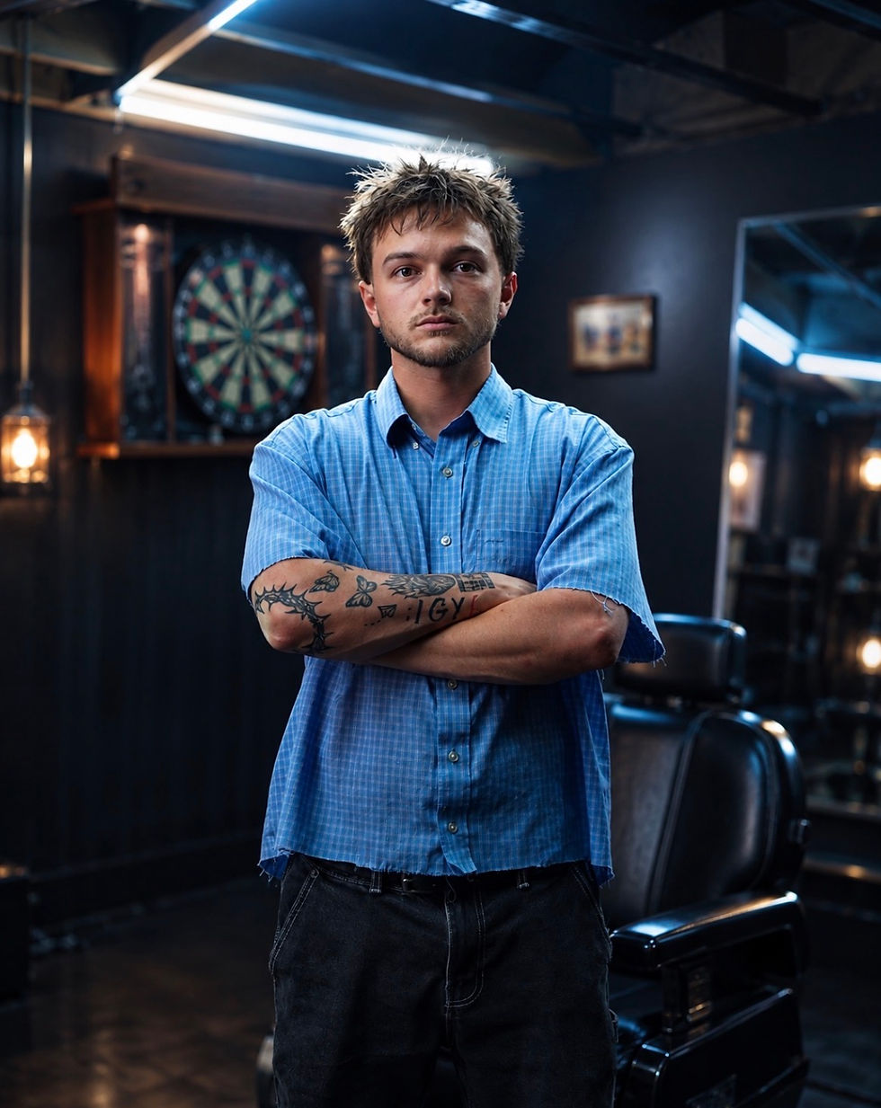 Portrait of a barber standing in a barbershop, arms crossed, with dark moody background and blue shirt