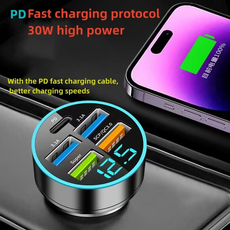 Thumbnail: 5 USB Port Super Fast Car Charger Adapter For iPhone Samsung Android Cell Phone