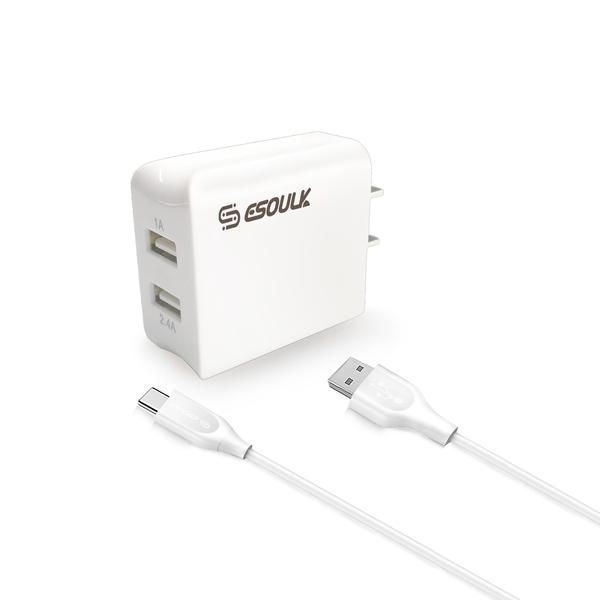 Thumbnail: Esoulk 12W 2.4A Dual USB Travel Wall Charger With 5FT Type-C Charging Cable