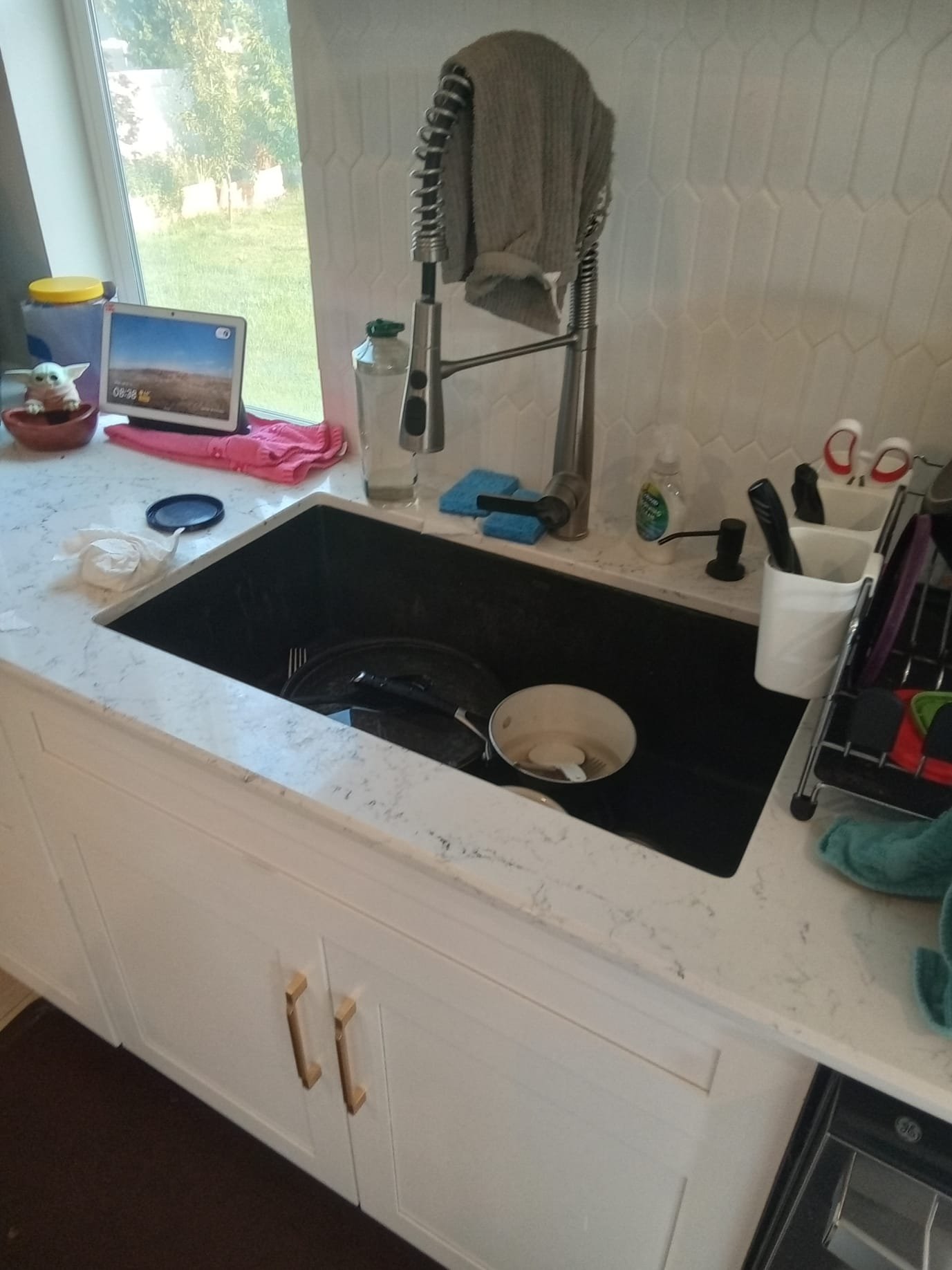 Informational graphic suggesting resources for home maintenance. It alludes to a Honeywell RTH9585WF smart thermostat manual, implying smart home management. Also references dryer vent cleaning, prompting 'who to call to clean dryer vent' searches, and mildew removal, linking to 'how to clean mildew off walls' guides, representing common household upkeep tasks.