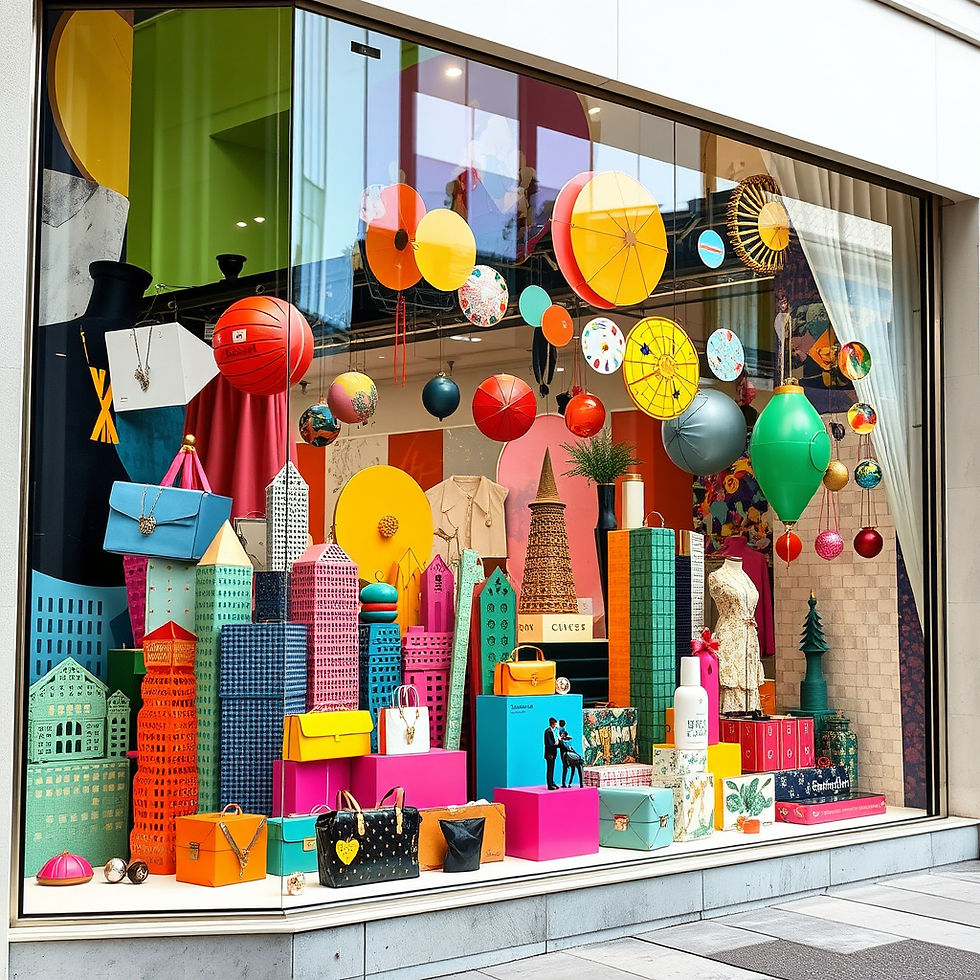 Perfect Visual Merchandising of a luxury department store style window display, colourful.jpg
