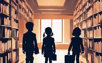 silhouette of little girls and boys wearing business attire in a library.jpg