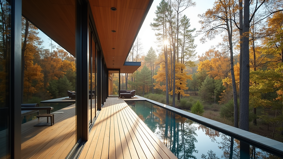 Eye-level view of a modern Ontario home with large windows overlooking a forest