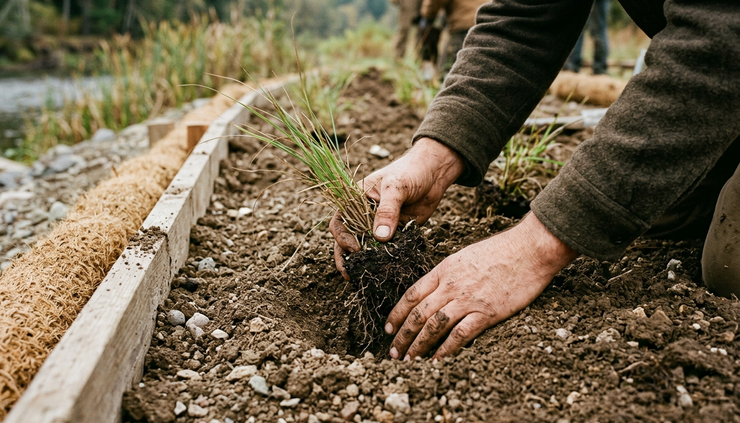 Close-up view of hands placing native plants into restored soil at a construction edge.