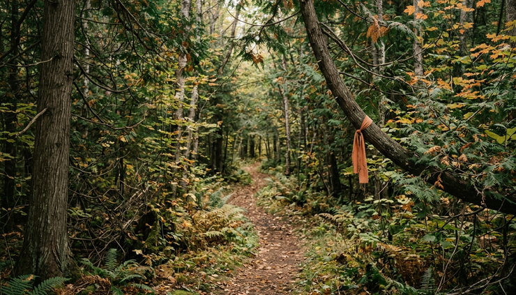 Wide-angle view of a quiet forest path with orange fabric tied respectfully to a branch.