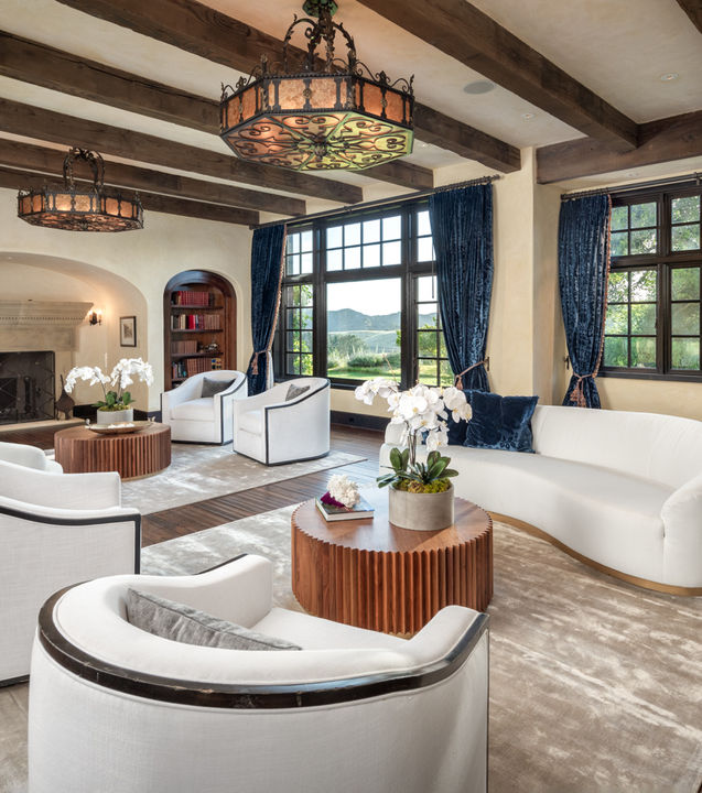 Spanish style living room with fireplace