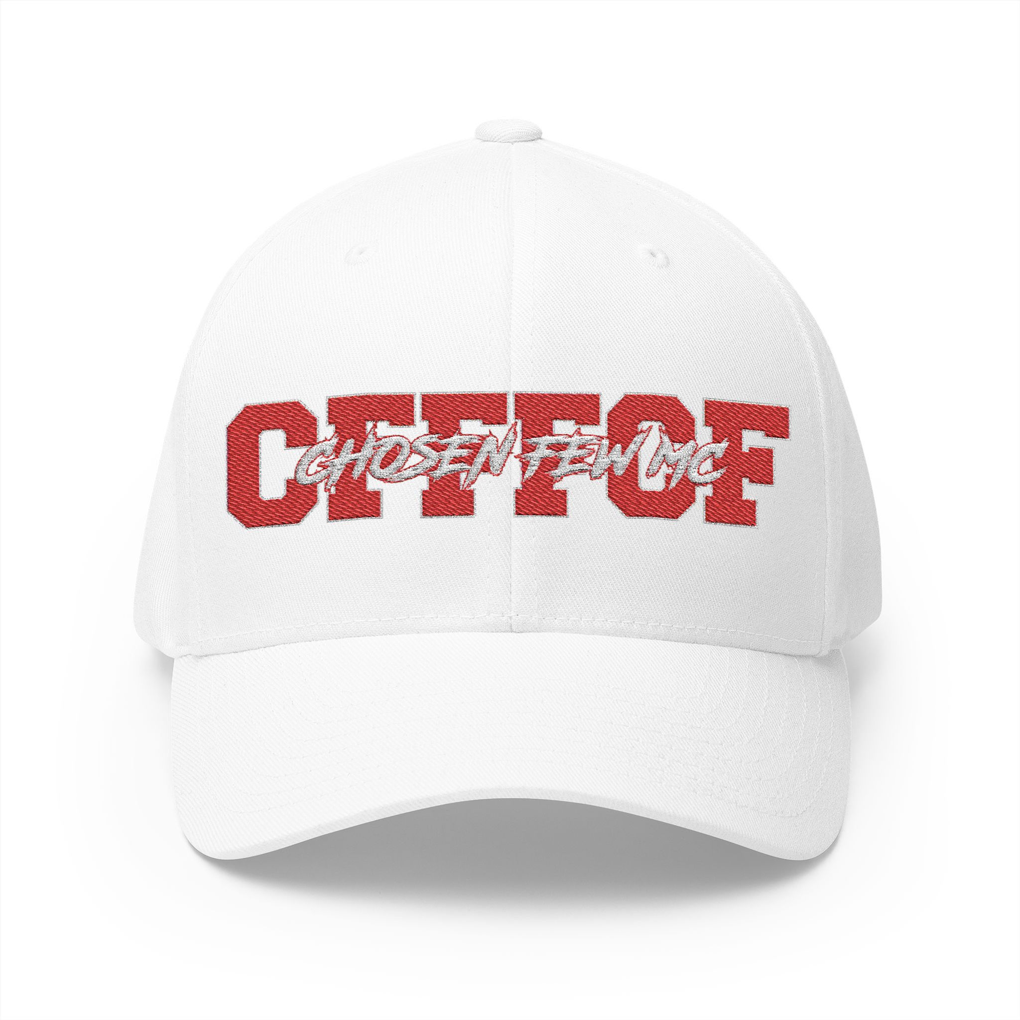 CFFFCF Embroidered Baseball Cap — Red Logo Structured Closed-Back Hat