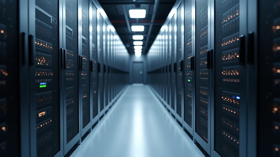 Eye-level view of a modern data center with elegantly organized server racks.