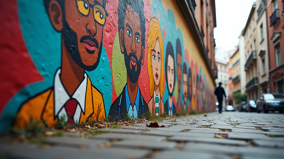 Eye-level view of a vibrant mural depicting diversity