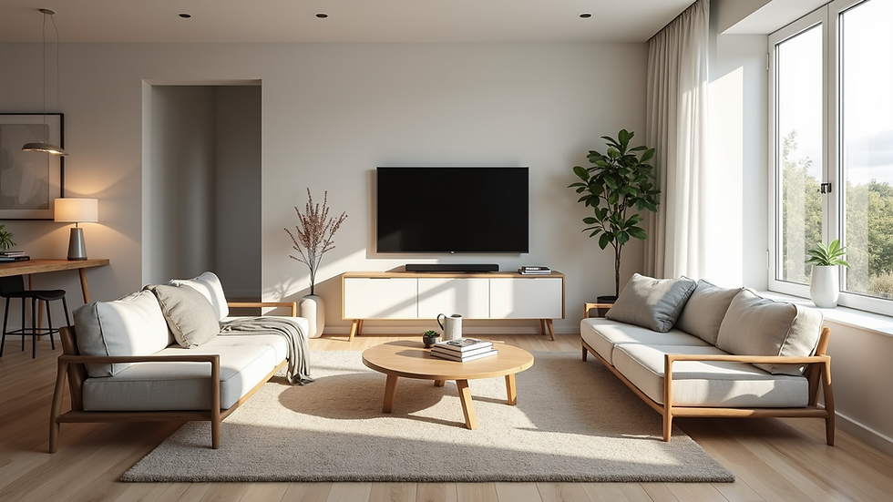 Wide angle view of a budget-friendly living room filled with stylish furniture