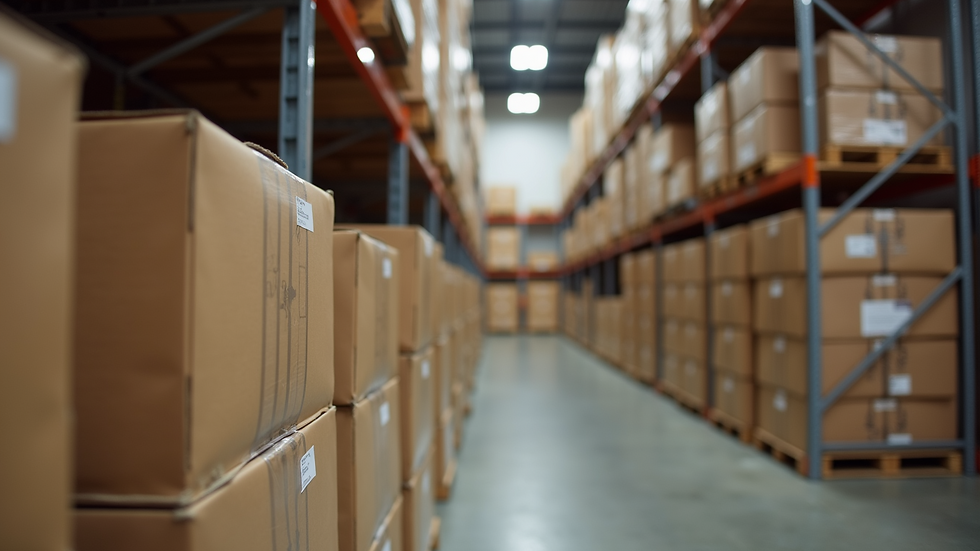 Close-up view of stacked boxes in a warehouse