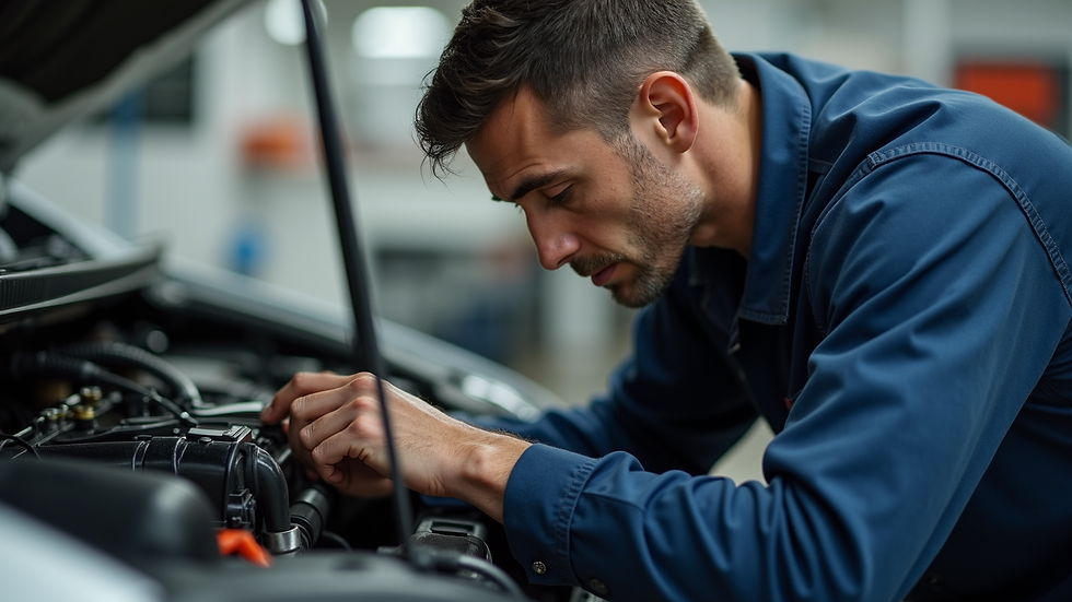Close-up view of a mechanic inspecting an RV engine