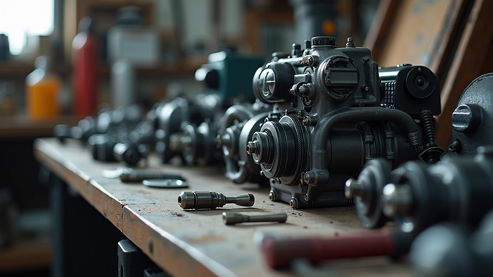Close-up view of RV engine parts laid out on a workbench