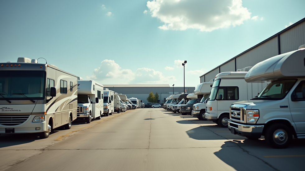 Eye-level view of a large RV dealership lot with various RV models