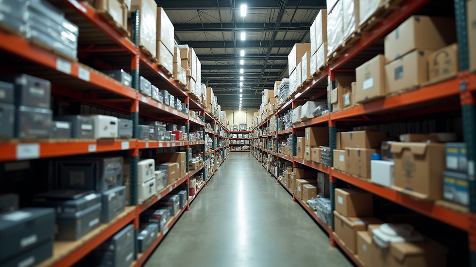 Eye-level view of RV parts displayed on shelves in a store