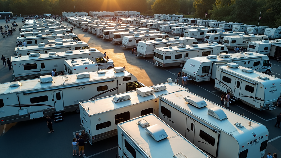 High angle view of an RV expo with various models on display