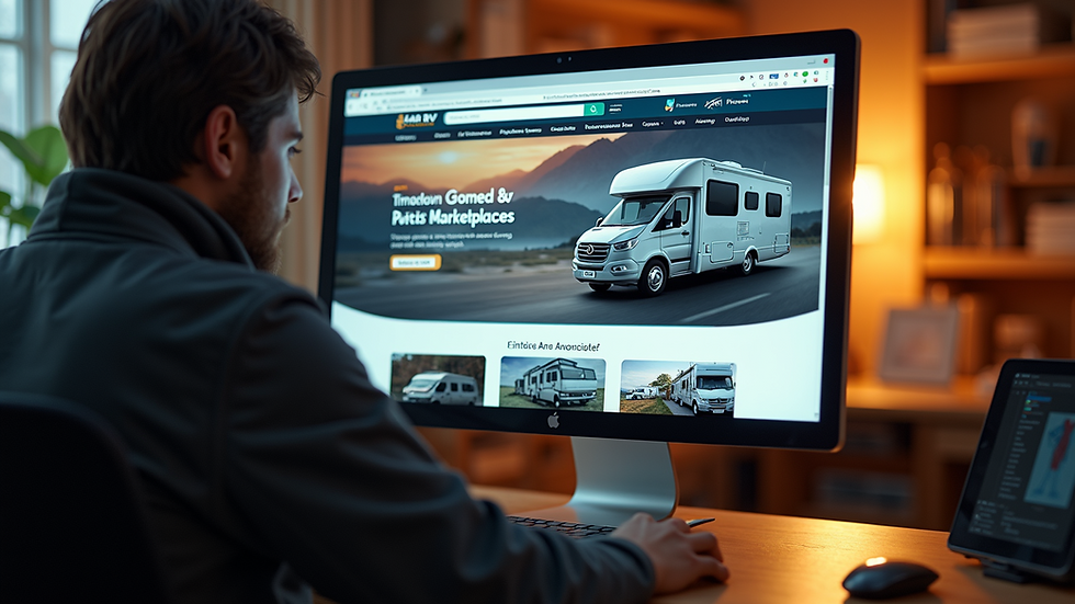 High angle view of a computer screen showing an online RV parts marketplace