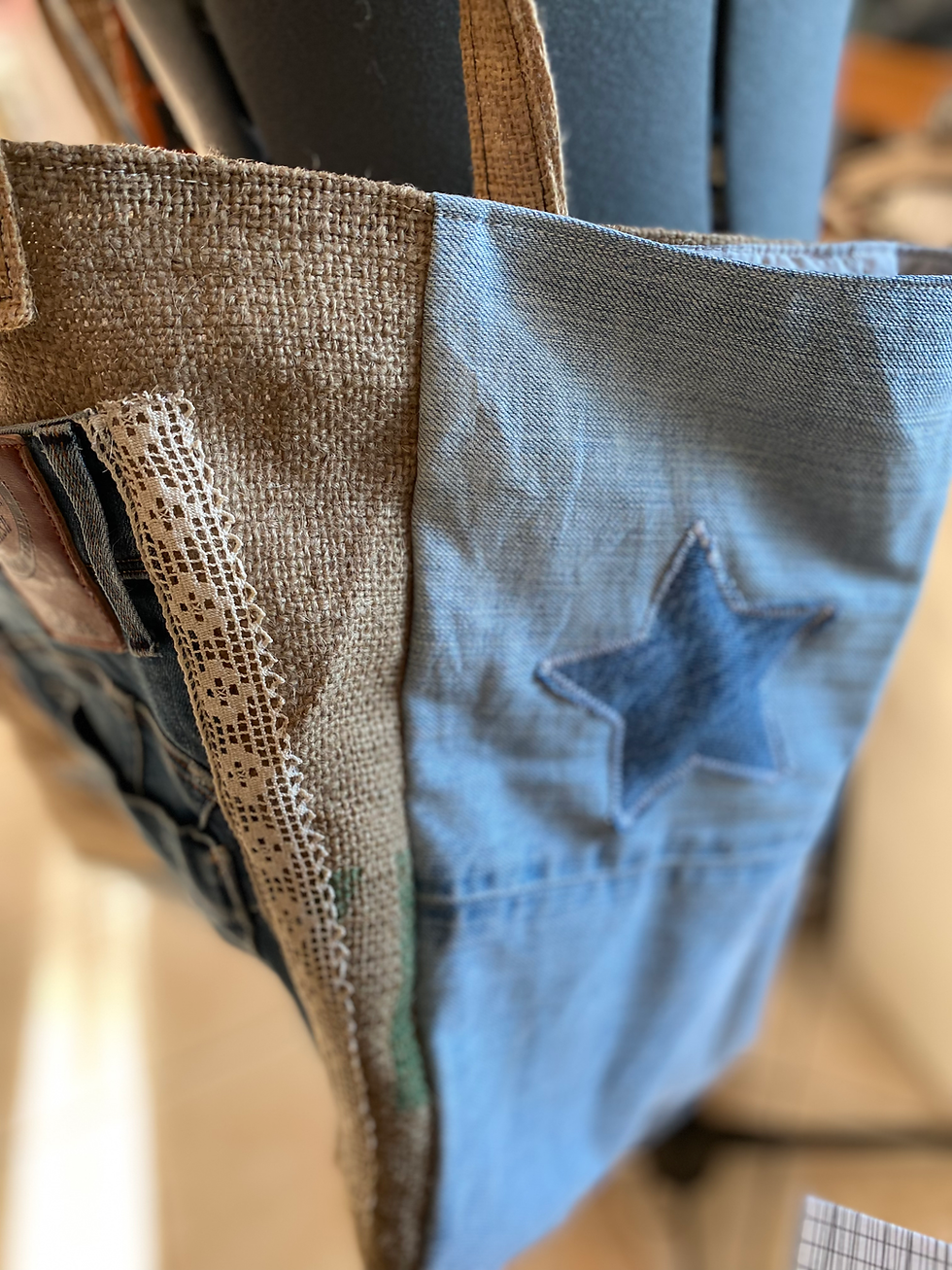 Miniature : Sac de Plage Cabas en Denim et Toile de Jute avec Motifs Étoilés