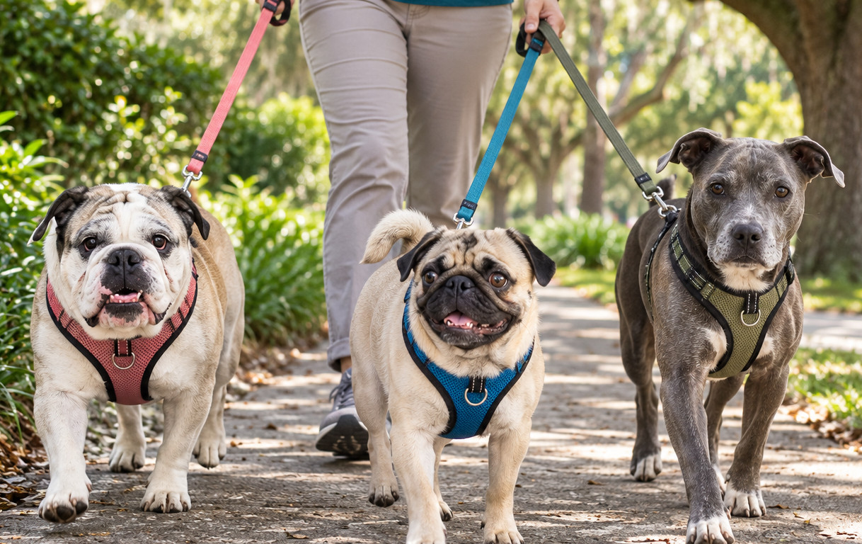 Reliable dog walker managing multiple dogs on a trail