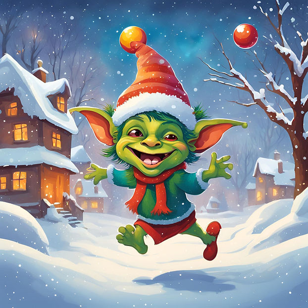Happy green goblin in a christmas cap