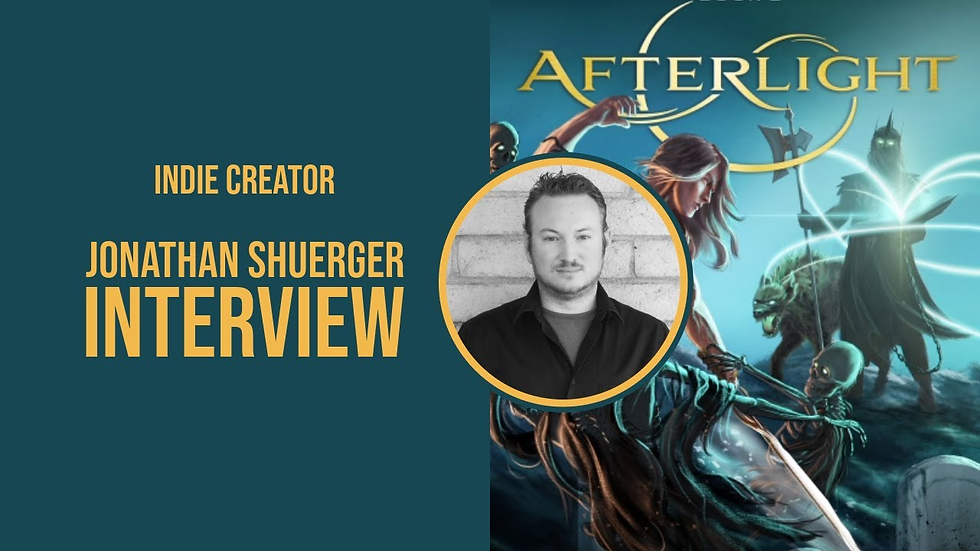 An indie author who writes fantasy and scifi with realistic combat scenes like indie christian fantasy author Izaic Yorks. Indie Creator Jonathan Shuerger Interview. Blue background with fantasy artwork from "Afterlight," featuring a warrior, creature, and magical glow.