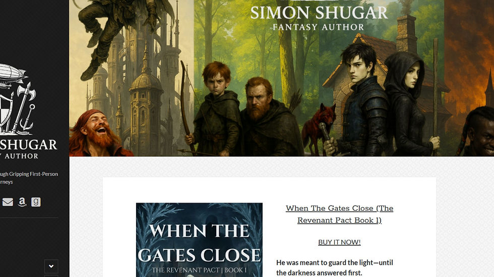 Fantasy book banner with a group of characters in medieval attire, forest and castle background. Text: Simon Shugar, When The Gates Close.