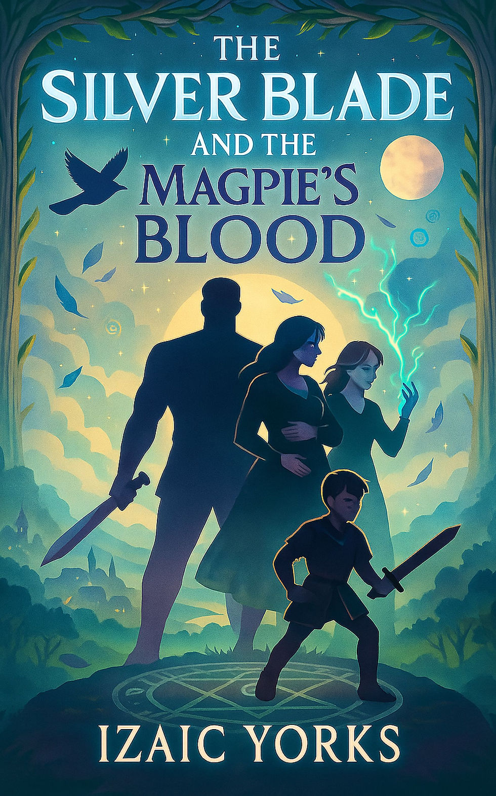 Silhouetted figures with swords and glowing magic stand under a moonlit sky. Text reads The Silver Blade and the Magpie’s Blood by Izaic Yorks.